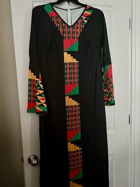 Black Maxi Dress with Red, Green & Yellow Geometric Accent